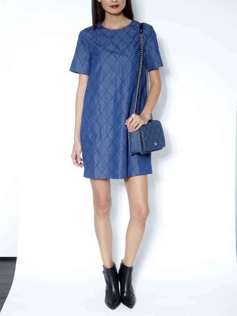 Kate Spade Quilted Chambray Short Sleeve Denim Shift Dress with Pockets